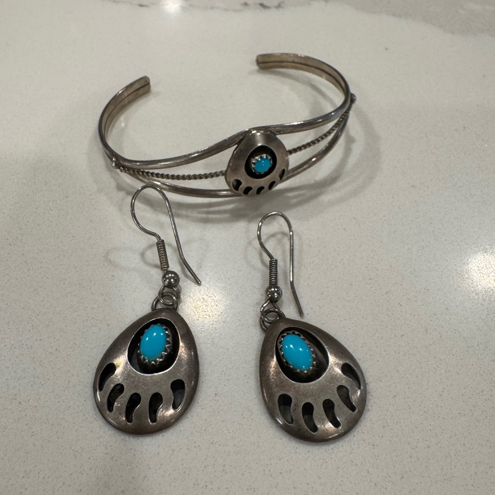 Navajo Shadow Box Bear Claw Sterling Silver & Turquoise Earrings and Bracelet